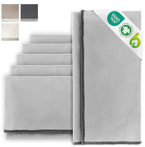 MIQIO® Design Baumwollservietten I 6er Set I 45x45 cm I Stoff-Servietten mit edler Ziernaht I aus 100% Bio-Baumwolle I GOTS, BCI und Ökotex Zertifiziert I Hellgrau
