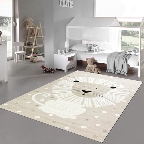Teppich-Traum Teppich Kinderzimmer Kinderteppich hell Höheneffekt Löwenmuster beige Creme, 140 x 200 cm
