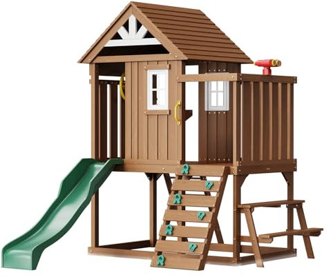 VEVOR Maison de jeu extérieure en bois de cèdre moderne pour enfants de 3 à 10 ans, chalet de jeux de jardin, cèdre de style campagnard avec toboggan, échelle, mur d'escalade, fenêtres, table de