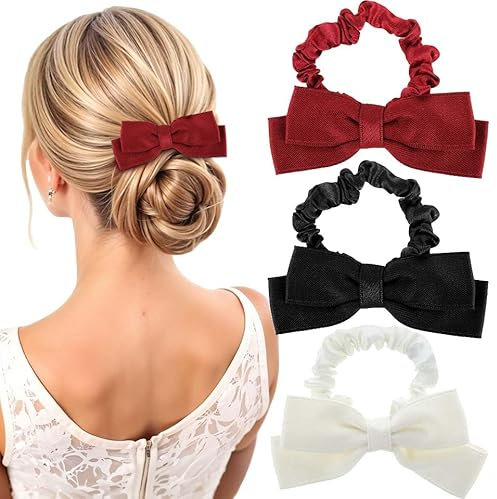 3 Stück Haargummi Mit Schleife Damen,Mabor Schwarz Rot Weißes Haargummi Schleife Elastisches Scrunchies Pferdeschwanzhalter Hochzeit Festliche Haar Accessoire für Frauen mit Dickem Langen Haar