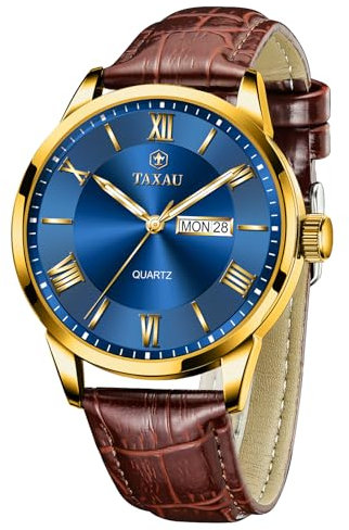 Taxau Herrenarmbanduhren mit Lederband Braun Uhren Herren Lederband Großes Gesicht Herrenuhr Lederarmband Wasserdicht Quarz Armbanduhr Herren Analog mit Datum Blauem Ziffernblatt