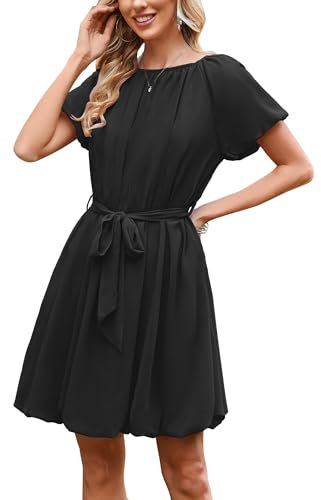Theenkoln Damen Sommer Minikleid Kurzarm Sommerkleid Puff Ärmel Partykleid Rundhals Strandkleid Lässig A-Linien Kleid mit Taschen und Gürtel Schwarz S