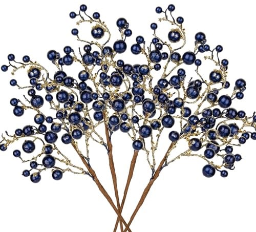 Oairse 4er Set Kunstpflanze Kunstzweig Künstlicher Beerenzweig Weihnachten deko Glitzer, Dekorative Zweige mit Beeren Künstliche Holly Berry für Weihnachtsbaum, Christbaumschmuck, Blau