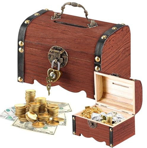 Forbabe Coffre au trésor en bois - Vintage - Avec serrure - Petit coffre au trésor de pirate - Avec couvercle pour le rangement et la décoration - 14,5 x 10,5 x 10,3 cm - Marron