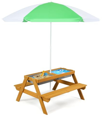 SOARS 3-in-1 Set Tavolo Picnic per Bambini, 187 cm (Verde + Giallo) | Panche per Bambini in Legno di Abete con Ombrellone Regolabile e 2 Vaschette da Gioco, Giochi Esterno da Giardino e Parco