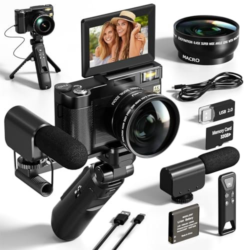NBD 4k Digital Cameras for Photography, 48MP Video/Vlogging Camera for YouTube, Vlogger Kit, Content Creator Kit-Microphone & Remote Control Tripod Grip, Travel Camera