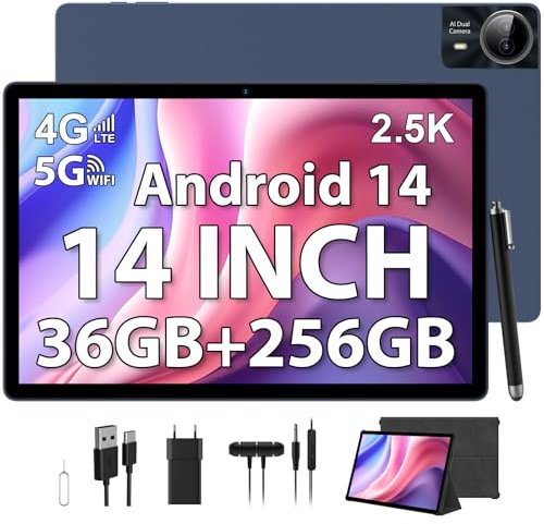 PIXPEAK 2.5K Tableta 14 Pulgadas, 4G Lte/5G WiFi, INCELL 2240 x 1400 FHD, 11580mAh, 36GB RAM, 256GB ROM (Extensión 2TB), Android 14.0, Octa-Core, 13MP+8MP, Tablet con Custodia/GPS/Bluet 5.0 (Azul)