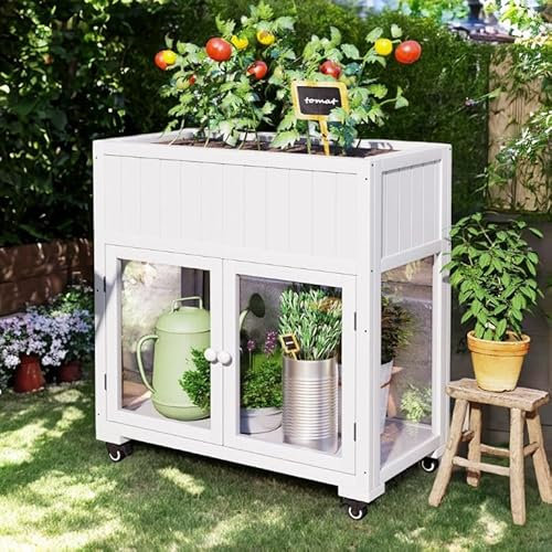 White Raised Garden Bed with Greenhouse Cold Frame, Outdoor Planter Box on Wheels, Fir Wood & Polycarbonate, 35.4 with Drainage for Flowers and Vegetables