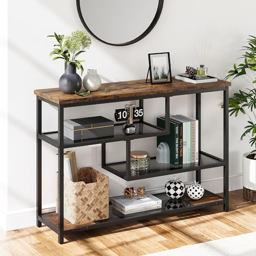 Console, table de couloir, table d'entrée avec 4 étagères, étagère sur pied avec étagères en verre et cadre en métal, table basse compacte avec compartiments ouverts, table d'appoint étroite en bois