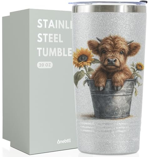 Onebttl Highland Cow Gifts for Girls, Scottish Cow Lover Gifts, Glitter Silver Stainless Steel Insulated Tumbler, 20 oz Travel Mug with Straw & Lid