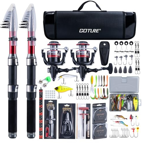 Goture Ensemble de Pêche avec 2 Canne à Pêche Télescopique, Ensemble Complet de d'outils de Pêche et d'appâts avec 2 Moulinet 5,2:1 et Sac de Transport - pour la Pêche en Eau salée/Eau Douce