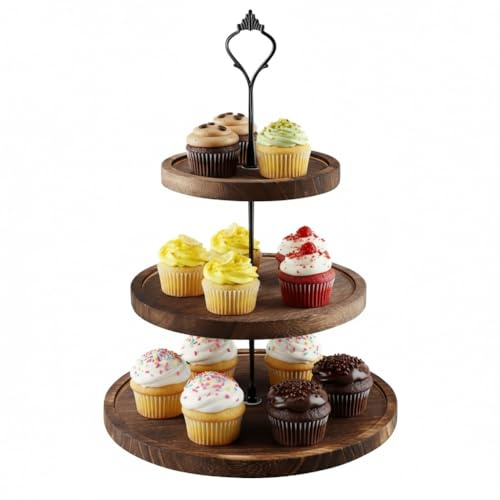Etagere 3 Etagen aus Holz, Tortenständer, Cupcake Ständer mit Metallgriff | Runder Kuchenständer 3 Stöckig, Servierplatte für Kuchen Desserts Obst Hochzeit Geburtstag Nachmittagstee Party