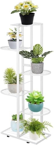 Minifactory 6 Tier Metal Plant Stand - Tall Indoor Plant Shelf, Corner Tiered Flower Stand for Multiple Pots, Space Saving Display for Balcony, Living Room, Bedroom (White)