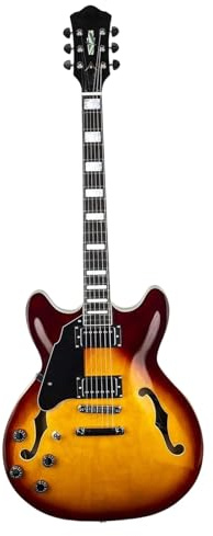 Anfänger Elektrische Gitarre Full Scale E Gitarre Für Linkshänder 6 Saiten Fester Steg Ahorn Halbhohlkörper Edelstahlbünde(Sunburst)