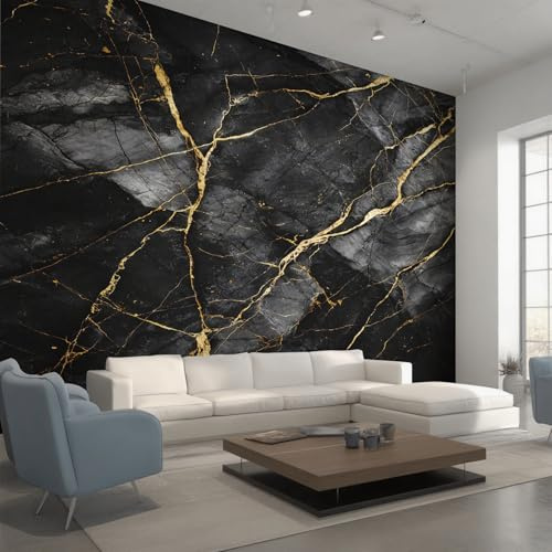 Non-Woven Black Gold Marble Wallpaper - Modern Abstract Marble Effect Wall Mural for Bedroom, Living Room Background Decoration, Home Decor Photo Wall Paper 390x260 cm (WxH)