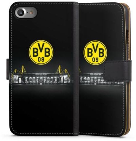 Klapphülle kompatibel mit Apple iPhone 7 Handyhülle aus Kunst Leder schwarz Flip Case BVB Stadion Borussia Dortmund