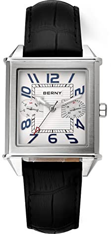 BERNY Montres carrées pour Hommes Mouvement Suisse Montre à Quartz Calendrier rectangulaire Montre à Bracelet en Cuir