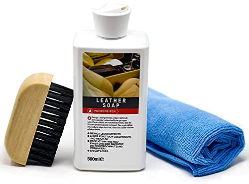 detailmate Leder Pflege-Set: Leder Reinigungsbürste, Leder Seife, Mikrofasertuch 40cm x 40cm