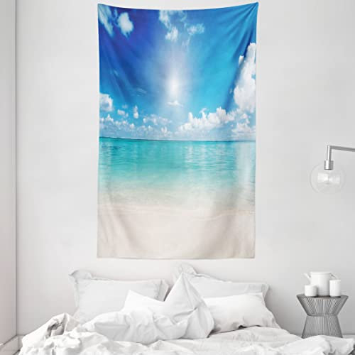 ABAKUHAUS Landschaft Wandteppich und Tagesdecke, Himmel und tropisches Meer aus Weiches Mikrofaser Stoff Waschbar ohne Verblassen Digitaldruck, 140 x 230 cm, Creme Türkis Weiß