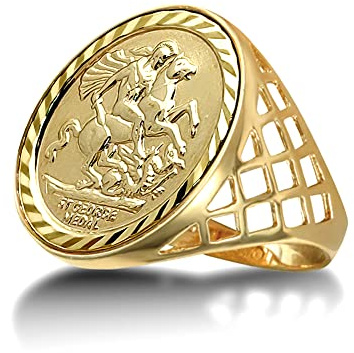 Jewelco London Men's Solid 9ct Yellow Gold St George & Dragon Basket Half-Sovereign-Size Ring