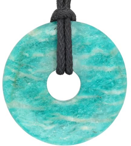 Lebensquelle Plus Edelstein Donut Ø 30 mm + Baumwollband + Edelsteinkarte | Naturstein Anhänger Halskette | Echte Heilsteinkette inkl. Band (Amazonit)
