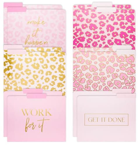 Paper Junkie Lot de 12 dossiers décoratifs – Organisation élégante et dossiers de fichiers roses – Imprimé léopard en feuille d'or et accessoires de bureau – Papier cartonné durable et fournitures de