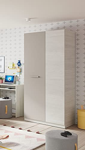 Dmora - Garde-robe 2 portes Abilene, armoire de chambre, meuble avec 3 étagères et tringle à vêtements, 90x52h200 cm, blanc et marron