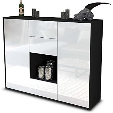 Stil.Zeit Highboard Kommode Nora, Korpus anthrazit matt, Front Hochglanz-Design Weiß (136x108x35cm), Push-to-Open Technik & Leichtlaufschienen