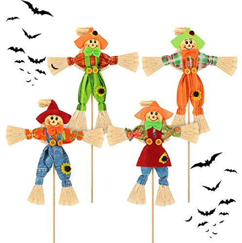 EMAGEREN 4 Pièces Épouvantail Décor Épouvantail de Récolte Halloween Décoration épouvantail d'oiseaux Petites Décorations d'Épouvantail épouvantails décoratifs pour jardin, récolte d'automne