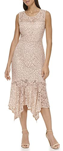 kensie Robe Longue Fourreau en Dentelle à Paillettes avec Ourlet Volanté pour Femme, Rose Poudré, 40