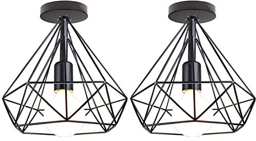 STOEX Plafonnier industriel vintage design cage forme diamant 25cm en fer rétro luminaire LED E27 salon cuisine chambre déco (2pcs Noir)