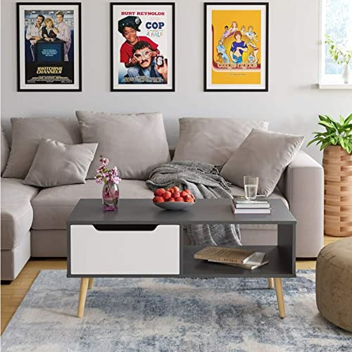 Gr8 Home Wooden Grey White Scandinavian Style Rectangular Coffee Table With Wood Legs Storage Compartment Drawer Living Room Furniture