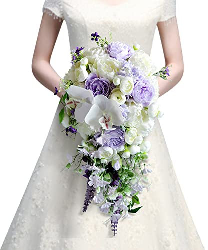 URFEDA Wasserfall Brautsträuße, Brautstrauß, romantische Hochzeit, Braut Wasserfall, künstliche Rosenblumen mit Band, Vintage Hochzeitsstrauß künstlich