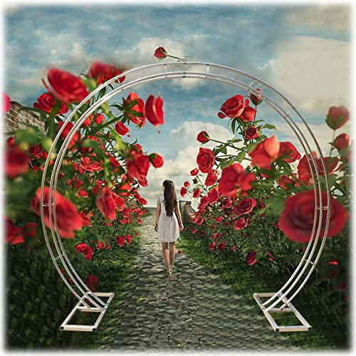 ALKOY Arche de Ballon de Mariage en Métal Robuste Stable Arche de Roses Jardin Plantes Grimpantes Arches en Treillis Tonnelle Pergola Ronde/Cercle Porte de Lune avec Bases pour Décoration de Toile de