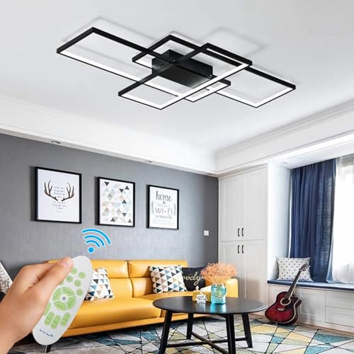 WHLL LED Deckenlampe 90cm für Wohnzimmer:Deckenleuchte Dimmbar mit Fernbedienung (3000K-6000K), 62W, Schwarz Deckenbeleuchtung modernes geometrisches Design