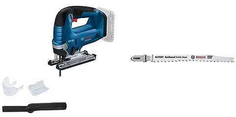 Bosch Professional 18V System Akku-Stichsäge GST 18V-125 B + 5x Stichsägeblatt Expert ‘Hardwood 2-Side Clean’ T 308 BF (für Kunststoffbeschichtete Platten, Multiplexplatte, Länge 117 mm, Zubehör)