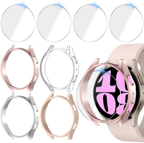 Jvchengxi 4+4Stück Schutzhülle für Samsung Galaxy Watch 6 40mm, Hart PC Bumper Schutz Hülle + Glas Displayschutz Kratzfest Schutzfolie (40mm, Roségold+SandRosa+Sternenlicht+Klar)