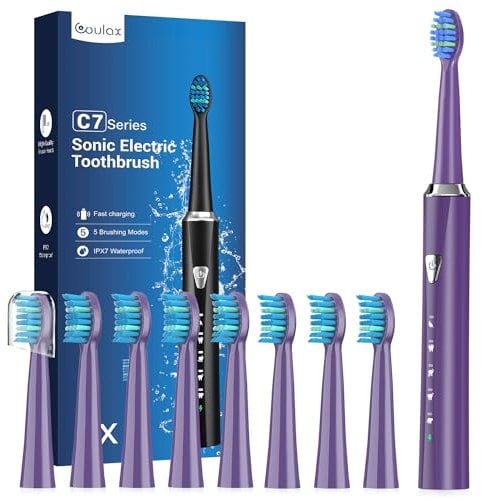 Brosse À Dent Électrique Sonique avec 8 Têtes - Brosse À Dents Sonique pour Adultes et Enfant, 5 Modes, Étanche IPX7, Brosses à Dents Ultrasoniques Famille et Voyager, Brosses À Dents Violet