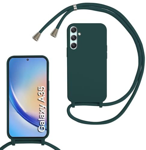 MBSLFY Lanyard Case for Samsung Galaxy A35, Liquid Silicone Protective Phone Case with Strap Adjustable Neck Cord Necklace Soft Cover for Samsung Galaxy A35, Dark green