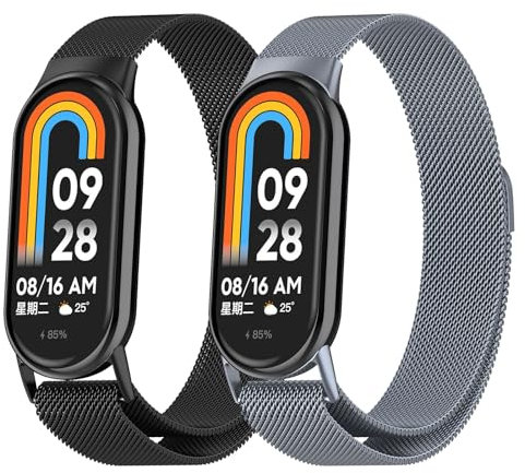 Jusy 2 Stück Armband Kompatibel mit Xiaomi Mi Band 8, Edelstahl Metall Ersatz Armband, Weich atmungsaktives, Magnetisches Maschenarmband - Schwarz&Grau