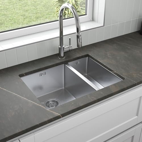 Lussena® 590 x 440mm Stainless Steel Kitchen Sink 1.5 Bowl Undermount Installation, Free Basket Strainer Waste