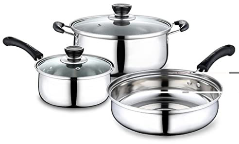 OUZBEM Cooking Pot, Frying Pan,3pcs Stainless Steel Cookware Set Soup Pot Milk Pan with Glass Lid Frying Pan Kitchen Cooking Tool vision