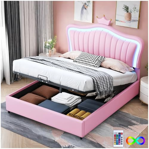 Sapgaks Letto con contenitore 140 x 200 cm,con lampade a LED, letto per bambini, letto portaoggetti idraulico, letto singolo per ragazza, rete a doghe e schienale, in PU, rosa(Senza materasso)