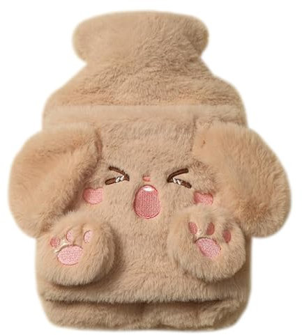 Cute Rabbit Animal Hot Water Bottle - 800ml Large Fluffy Hot Water Bag for Hand, Feet, Neck & Shoulder Pain Relief (Khaki)