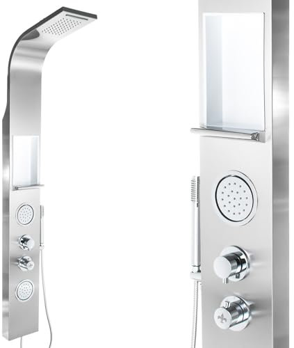 Steinkirch Duschpaneel SK-423 mit Thermostat + Eckmontageset Duscharmatur Regendusche Duschstange mit Duschkopfhalterung Regenduschkopf Dusche mit Körperdüsen Handbrause & integrierter Ablage
