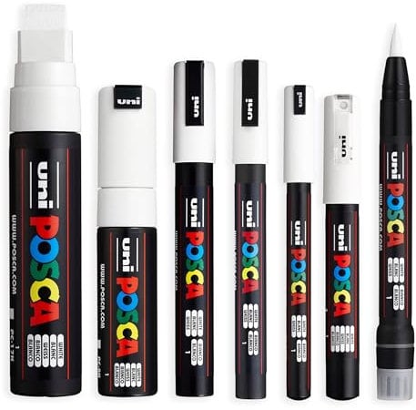 Posca Paint Marker Art Pens - Set of 7 Pens (PC-1MR, PC-1M, PC-3M, PC-5M, PC-8K, PC-17K, PCF-350 - White Ink