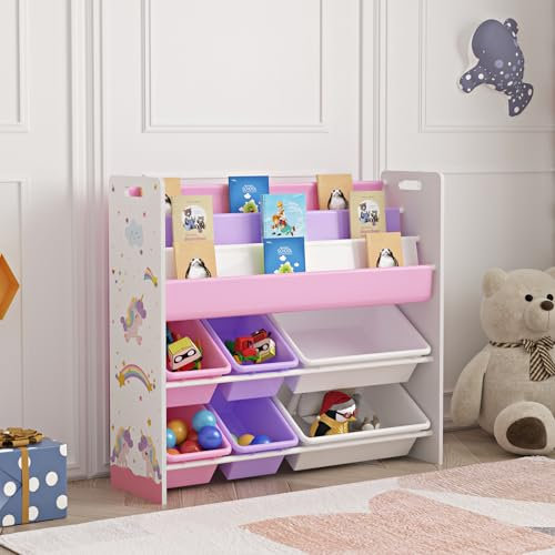 [en.casa] Scaffale per Cameretta con Contenitori Morbidi a Scaletta per Libri e Vaschette Porta Giochi Mobile a Misura di Bimbi 78x86x27 cm Decorazione Unicorno