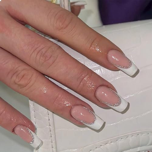 GlamRays Lot de 24 faux ongles élégants, à paillettes, longs, carrés, à presser, blancs, pointe française, art de décorer les ongles, décoration pour femmes et filles, manucure