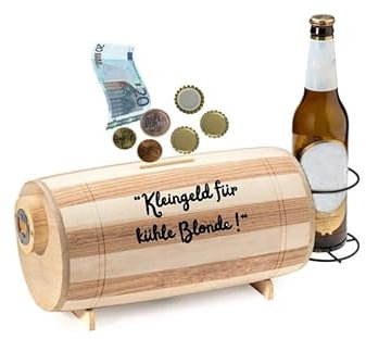 Holz-Bierspardose mit Flaschenöffner & Flaschenhalter – Bierfass mit Gravur „Kleingeld für kühle Blonde“ – Geschenk für Männer, Kronkorkensammler