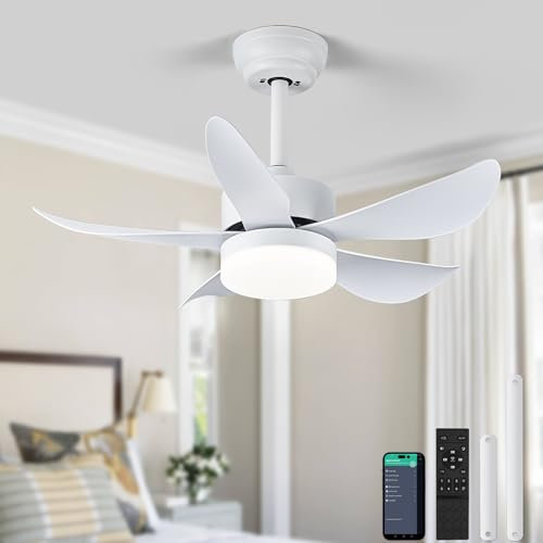 RHEAFON Ceiling Fans with Lights and Remote, 30 Inch Dimmable LED Ceiling Fan,Reversible,Noiseless,White Small Ceiling Fan for Bedroom Kitchen Indoor/Outdoor Patio